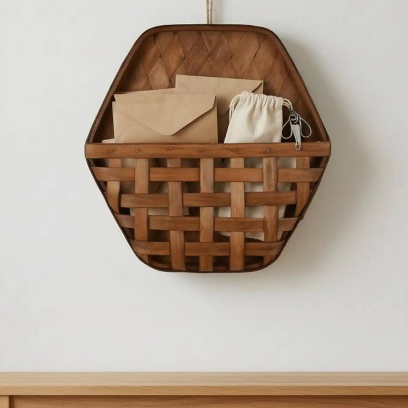 Hexagonal Wall Basket Braided Rope Hanger Wooden Wall Basket