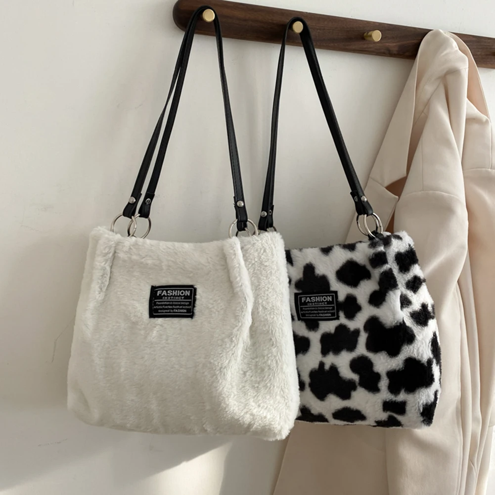 Women Faux Fur Handbag Versatile Furry Shoulder Bag Zebra/Cow Pattern Fluffy Satchel Bag Plush Tote Bag Commuting Bag Hobo Bag