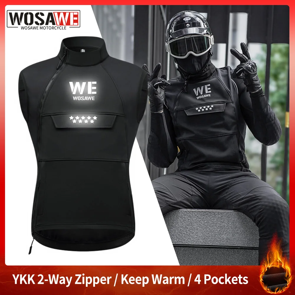 WOSAWE Winter Motorcycle Vest Outdoor MTB Motocross Riding Windproof Back Breathable Warm Vest Sleeveless Bike Jacket 4 Pockets