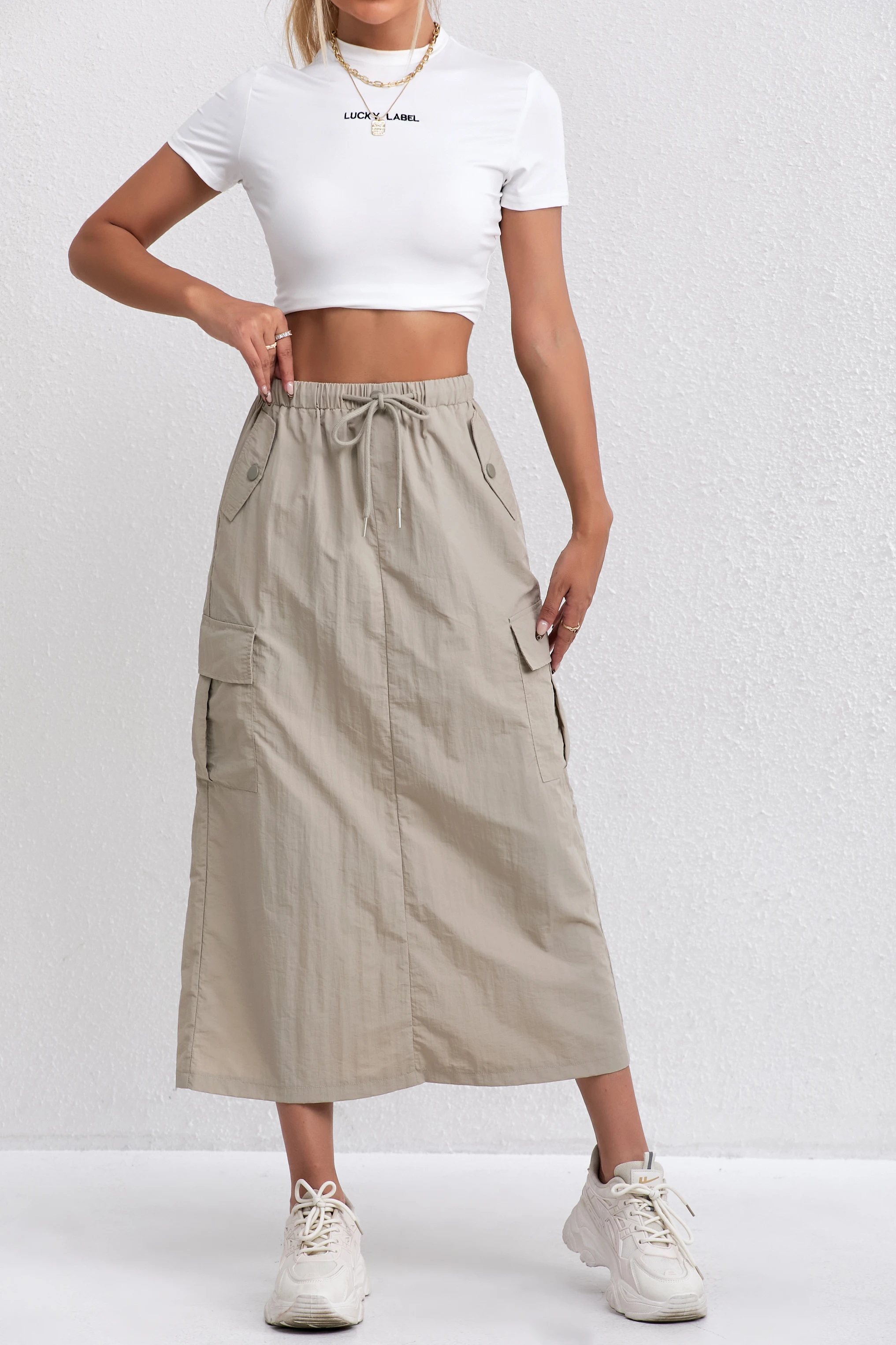 

Drawstring Waist Flap Pockets Skirt, Casual Cargo Simple Skirt For Spring & Summer, Women's Clothing
