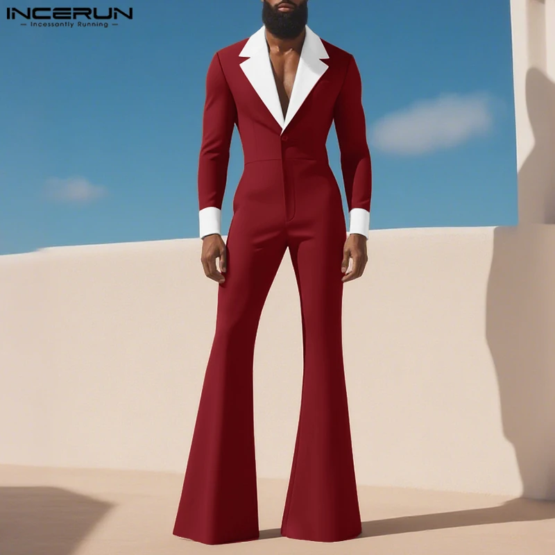 

INCERUN Men Jumpsuits Patchwork Lapel Long Sleeve Button Casual Rompers Men Streetwear Elegant 2025 Fashion Male Overalls S-5XL