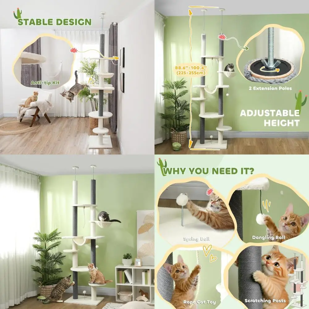 

Adjustable Height Floor-to-Ceiling Cat Tree, 7-Level with Scratching Posts, Hammock, Perches, Toys, White