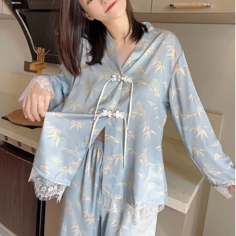 2024 nuovo pigiama in stile cinese vestito da donna Outsidewear primavera autunno nuovo a maniche lunghe Nighty Instagram sottile dolce Loungewear Set