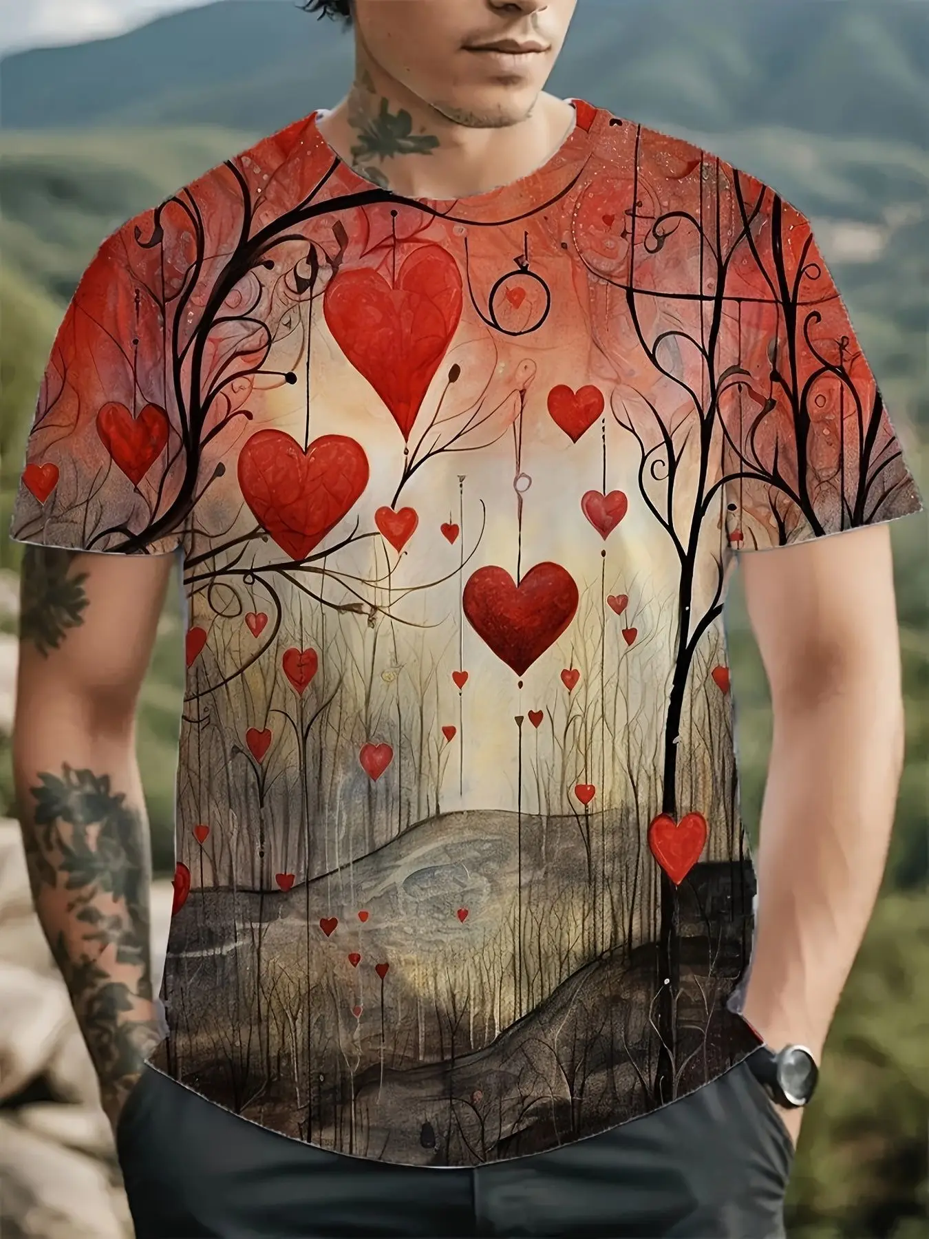 Men Vintage Red Heart Tree Landscape Print T Shirt Crew Neck Short Sleeve Romantic Valentine Casual Daily Tees