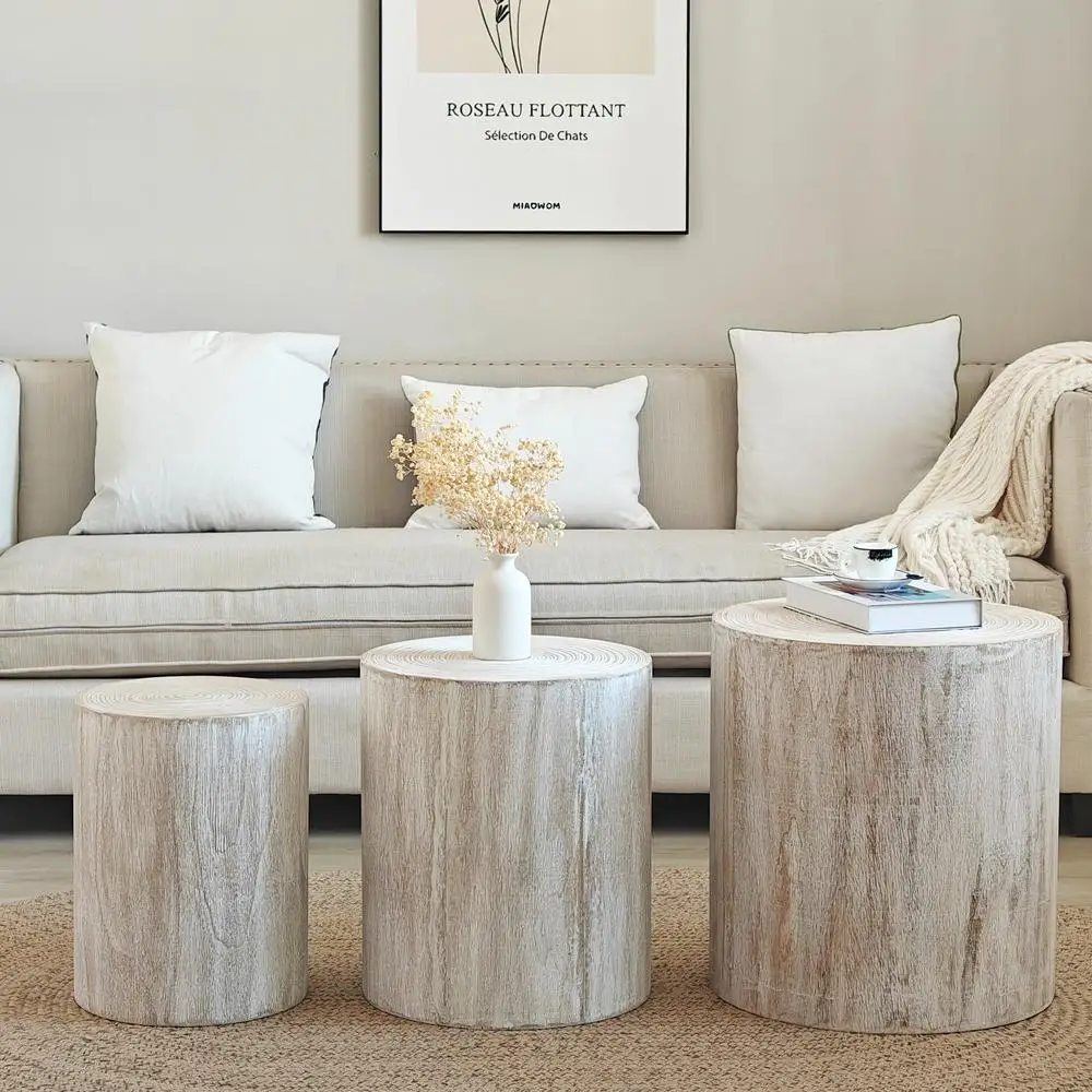 

Set of 3 Rustic Wood Stump Tables Whitewashed Accent End Coffee Tables Plant Stands Natural Grain Design