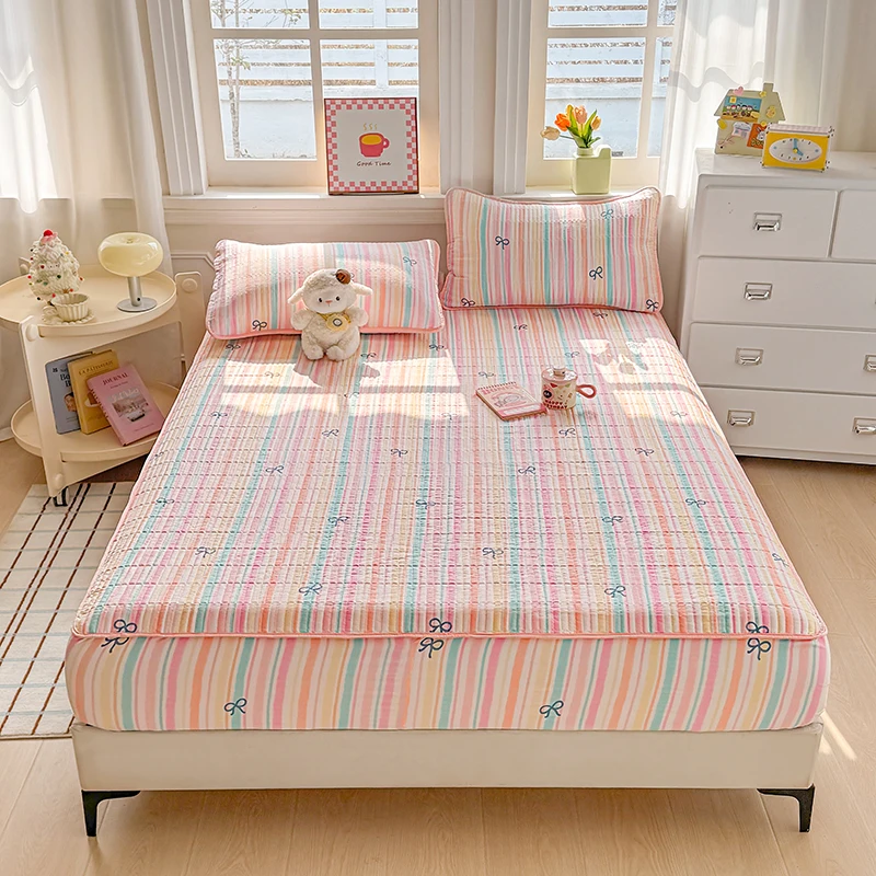 3pcs Jacquard Mattress Cover Quilted постельное белье Rainbow Printed Mattress Protector Double-layer Gauze Bed Linen 매트리스 커버