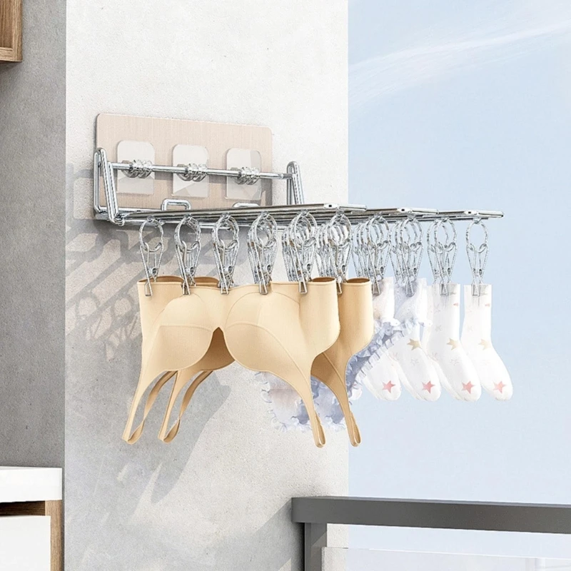 Clothes Drying Rack Balcony Wall Mounted Storage Clip Stainless Steel Folding Sock Hanger for Drying Towel Bra Underwear