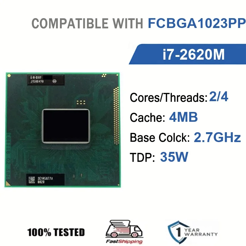 Intel Core i7-2620M 2 núcleos 4 hilos 2,7 GHz 35 W 4 MB de caché 32 nm FCBGA1023 / PPGA988 SR03F DDR3 1066/1333 MHz Sandy Bridge