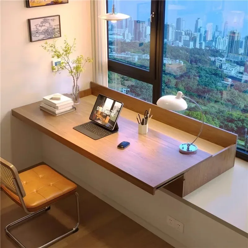 Solid wood bay window desk, retractable desktop, bedroom windowsill, bedside study computer desk with drawer, storage cabinet