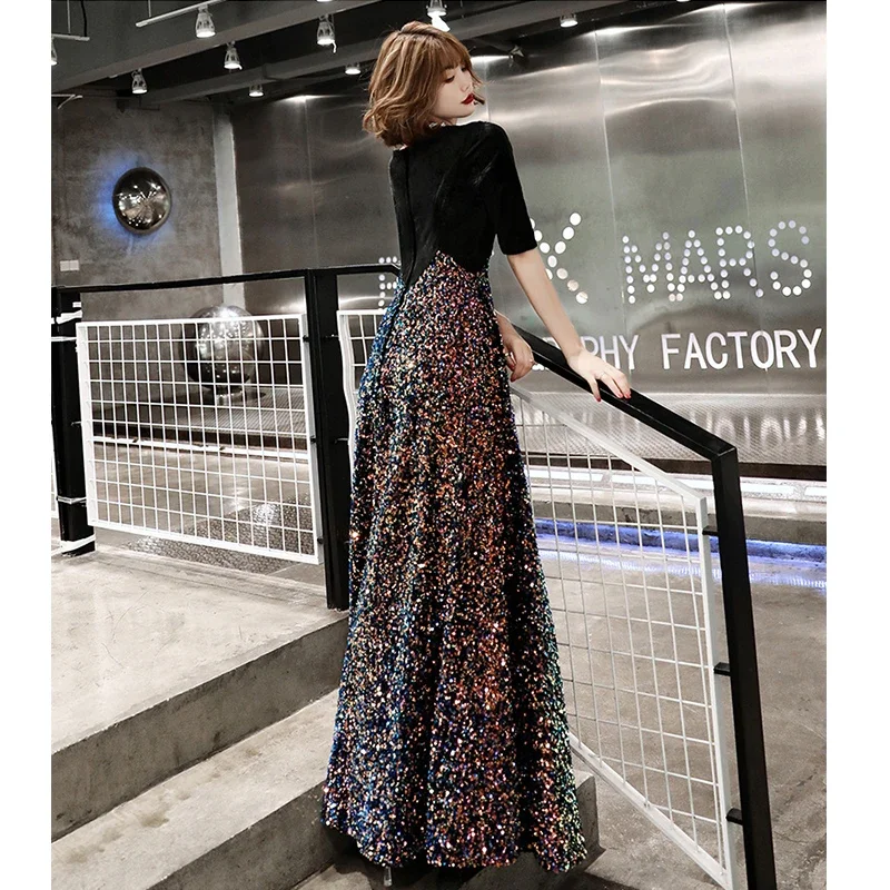 Evening Gown Black Velour Sequines Patchwork V-Neck Evening Dresses Half Sleeve Zipper Plus Size Women Party Formal Dress K324