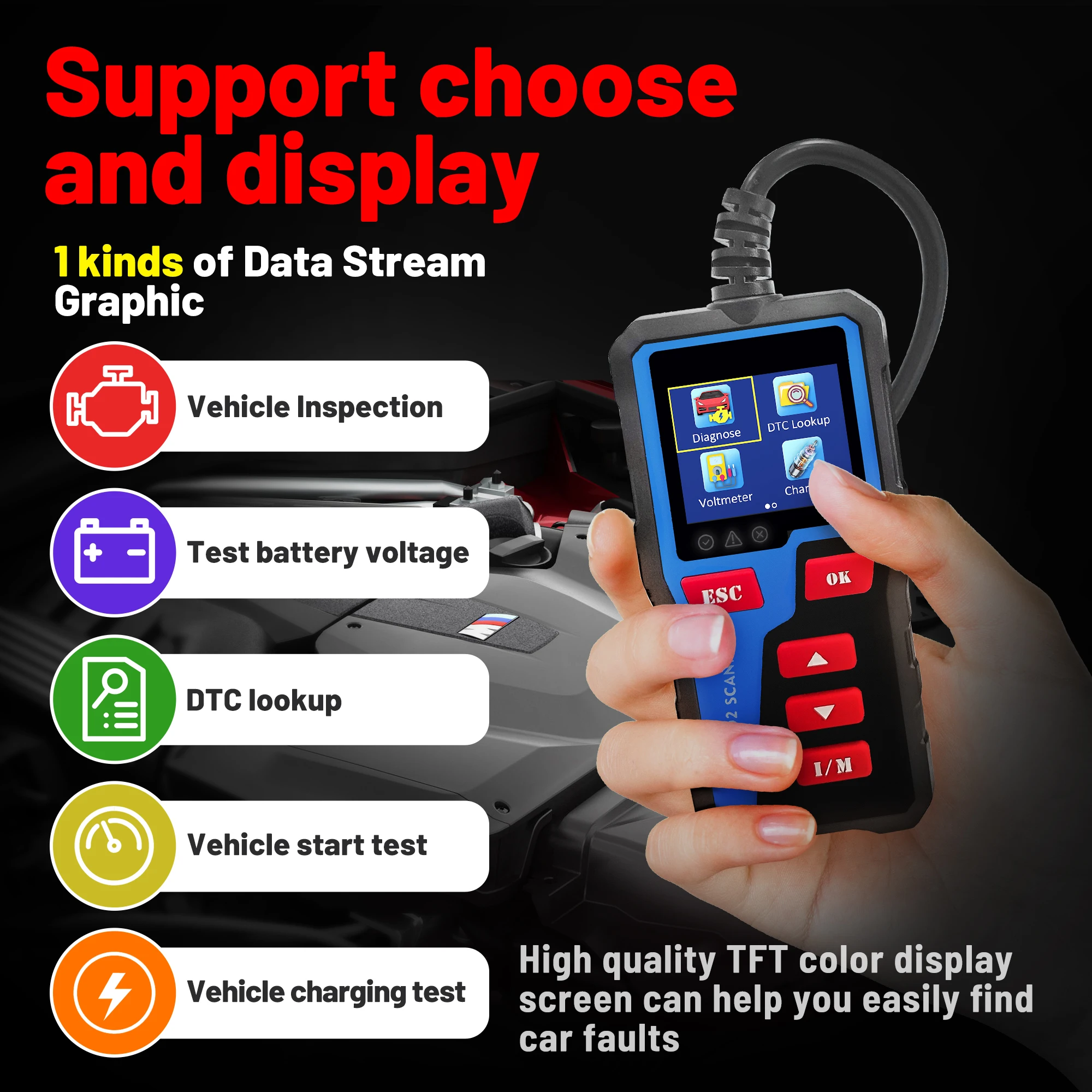 

OBD2 Scanner Car Fault Code Reader with TFT Color Display Full OBDII Functions Diagnostic Tool Vehicle Inspection Battery Voltag