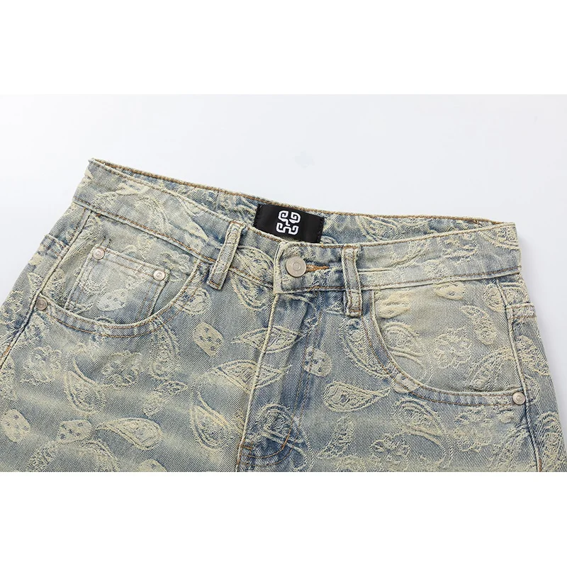 Hip Hop Personalized Cashew Flower Embroidered Men's Jeans Vintage Blue Washed Loose Straight ropa de hombre