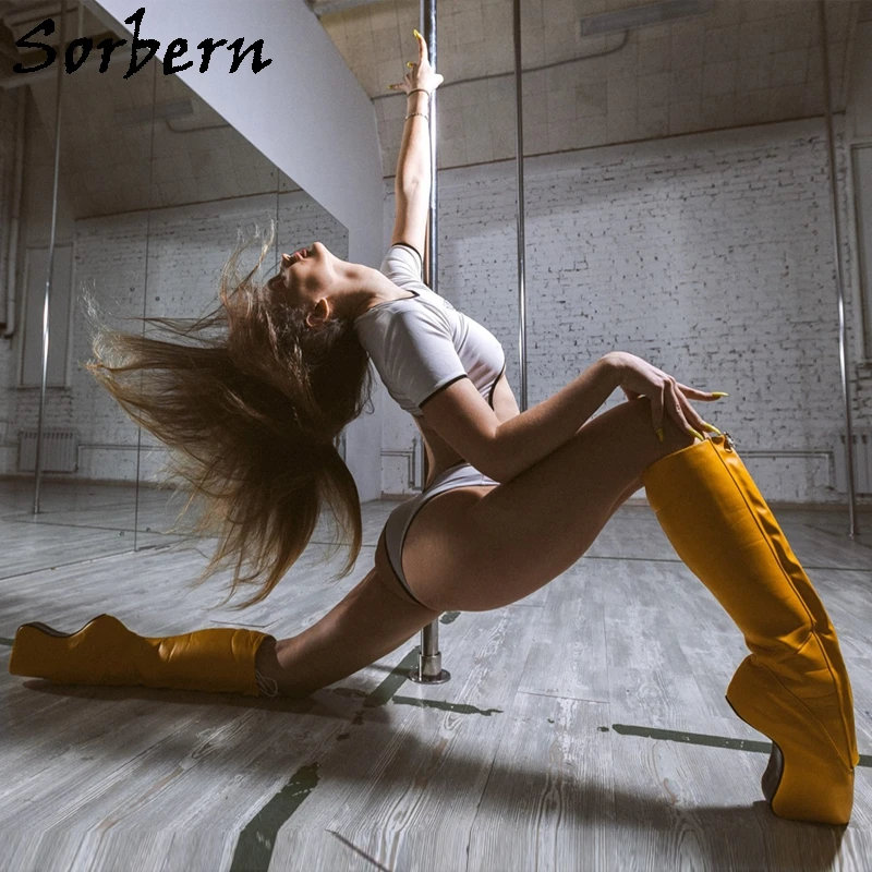 Sorbern Lockable Zipper Cover Lace Up Knee High Boots Women Fetish Heelless Front Lace Up No Heel Boot Custom Shaft Length