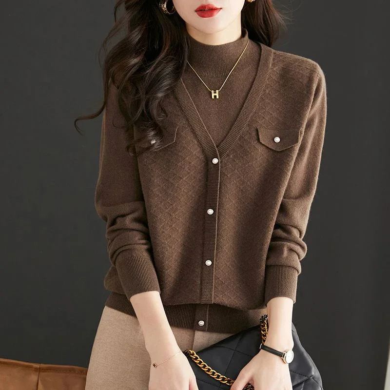 

Autumn Winter New Half High Collar Fake Two Pieces Bottoming Sweater Ladies Loose Casual Solid Color Knitting Top Jumpers A19