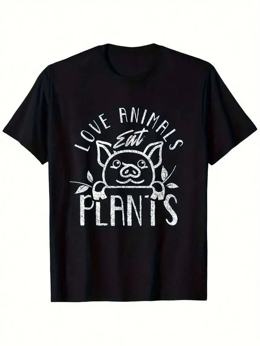 1Pc Men's Animal Rights T-Shirt Cute Pig Graphic & Animals Eat Plants Slogan Breathable Soft Fabric Tee For Vegan/Casual Wear-100% Cotton Trendy Y2K Short-Sleeve Tee-Soft, Quick-Drying,  Wrinkle Resistant Light Cotton Graphic Tshirt Soft Stretchy Casual