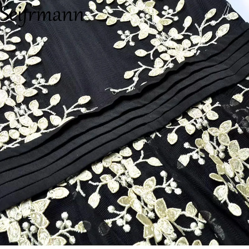 Seifrmann 2026 Spring Women's New Fashionable Round Neck Long Sleeve Mesh Embroidered Temperament Waist Cinching Dress