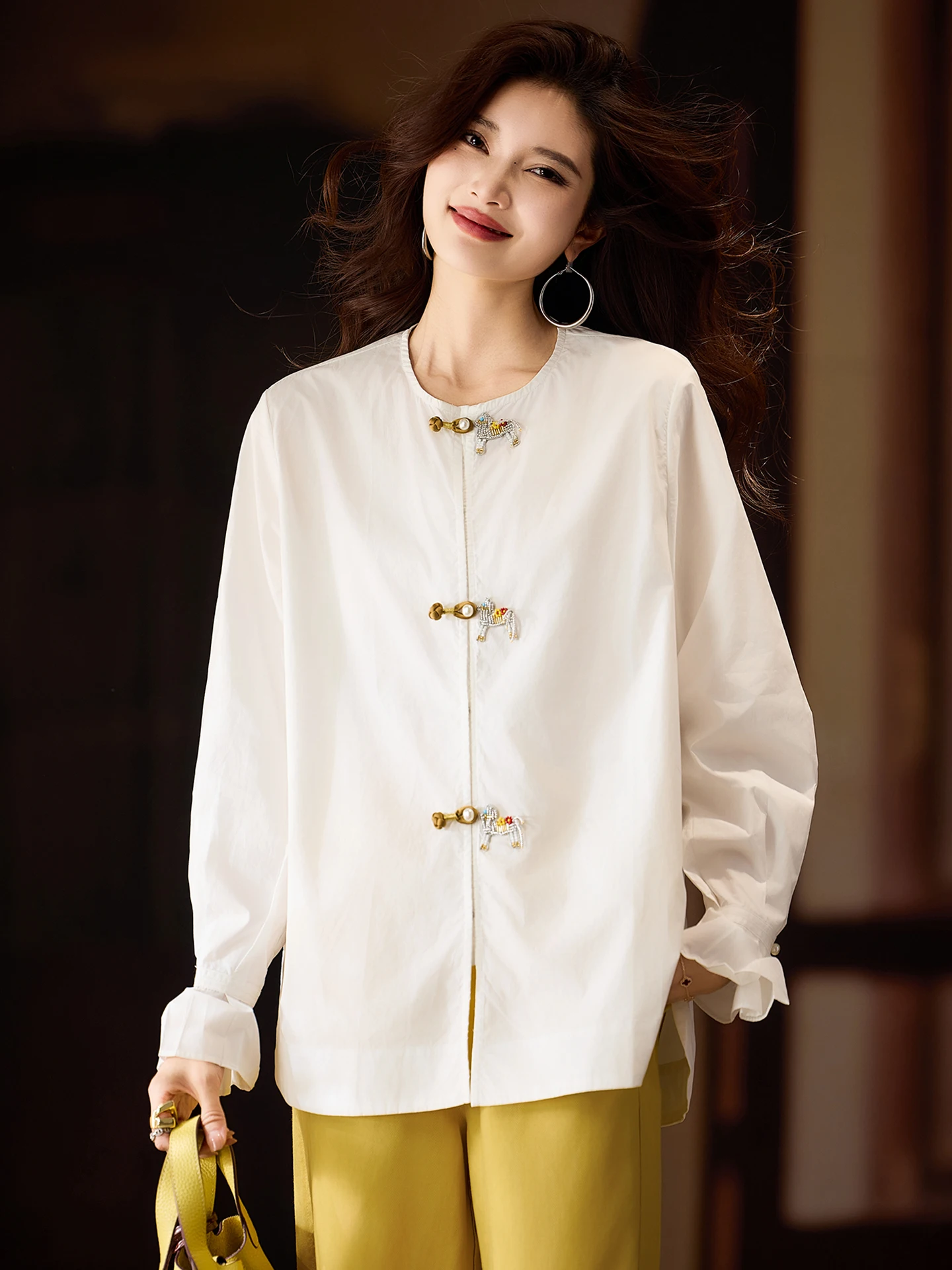 

Ele Pure Cotton Embroidered Pearl Women's irt Spring 2026 New Chinese Sle Top Large Size Faionable Button up Casual...