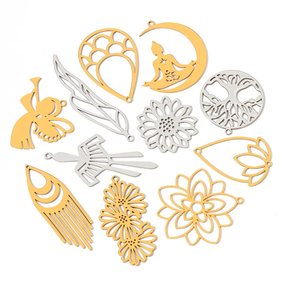 10pcs/Lot Stainless Steel Octagram Moon Phase Wheel DIY Charms Fan Shaped Lotus Necklace Pendants Woman Star Jewelry Wholesale