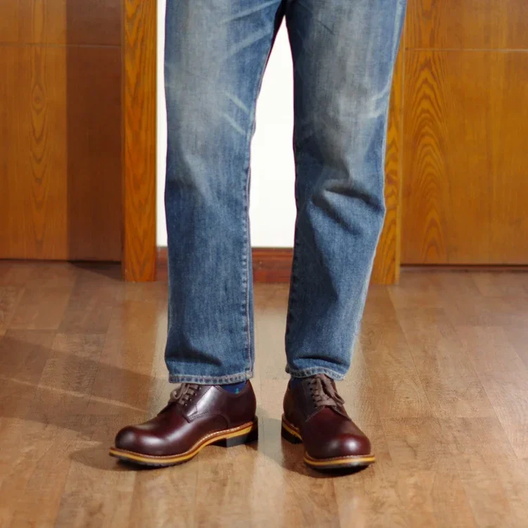 Leather Low Cut Casual Men\'s Shoes Goodyear-Welted Vintage Derby Shoes Craft Leather Midsole Round Head Tooling Red Shoes Jeans