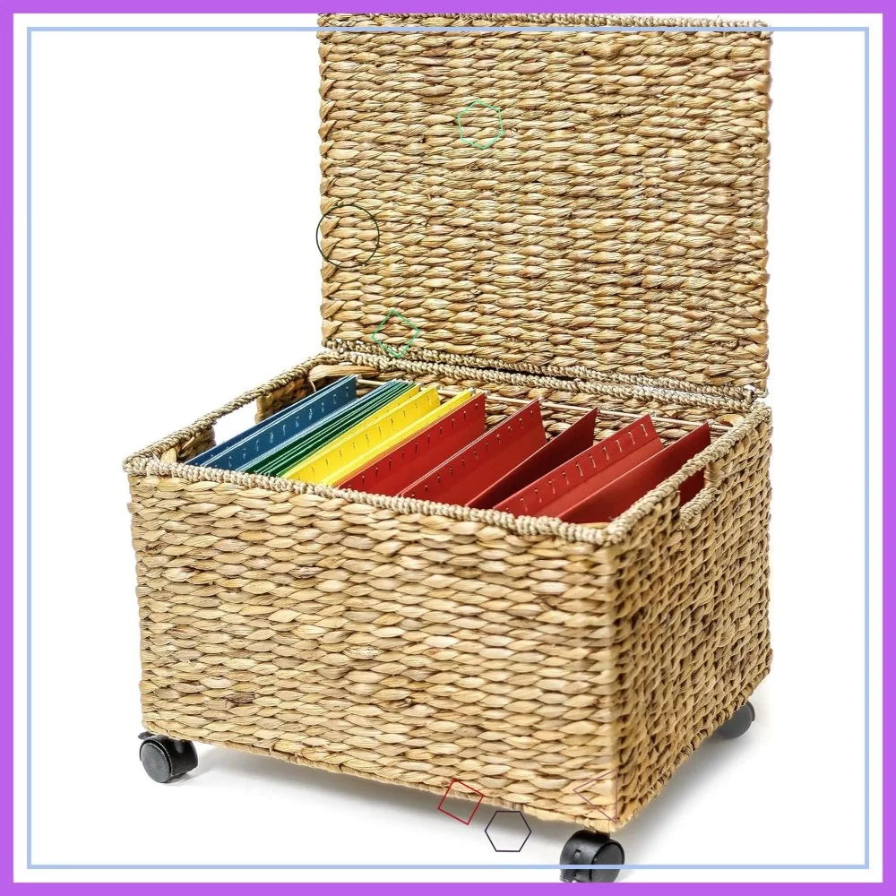 

Wicker Rolling File Box with Hanging Baskets, Water Hyacinth Storage Cabinet for Office Organization