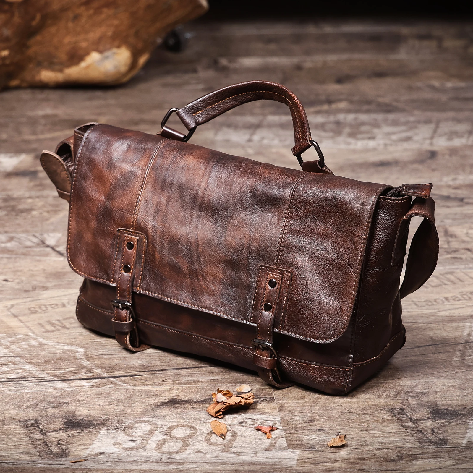 Vintage Herren-Umhängetasche aus hochwertigem Leder, lässige Messenger-Tasche, große horizontale quadratische Schultertasche – Detail 10