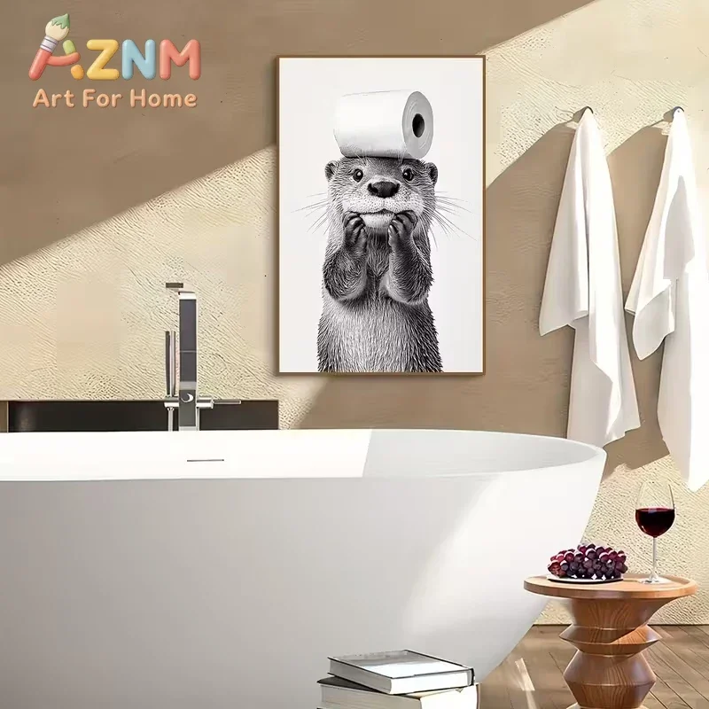 AZNM Funny Otter Canvas Wall Art Black White Sketch Animal With Toilet Paper Bathroom Humor Art Print Unframed Canvas Poster for