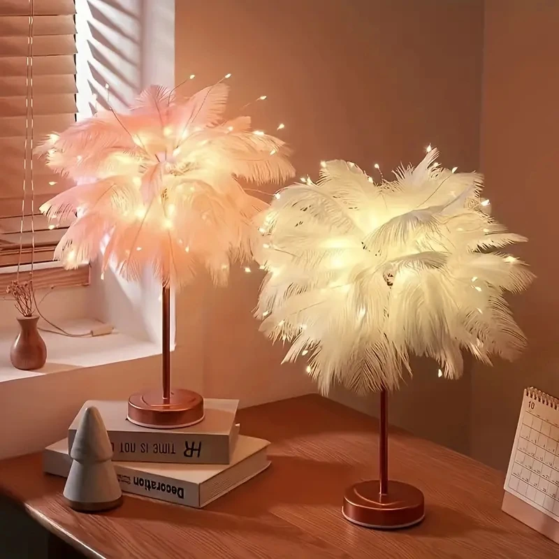 LED Night Light Feather Table Lamp Feather Lamp Fluffy Lamp USB Chargable Battery Power Decoration for Bedroom Bedside Wedding