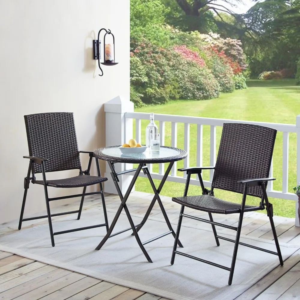 Outdoor 3 Pieces Wicker Folding Bistro Set, Balcony Table and Chairs Sets, Garden Backyard Furniture