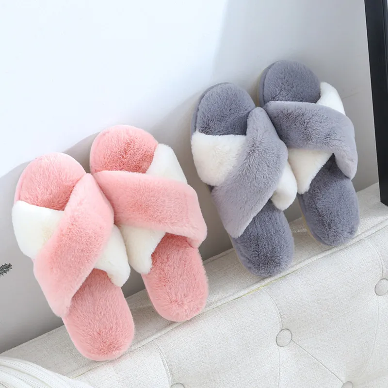 

Winter Women's Cotton Slippers, Comfortable and Warm, Cross-twisted Belt Design, Home Plush Large Size Slippers