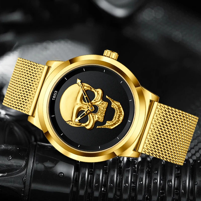 LIGE Top Luxury Brand Gold Black Skull Men Watches with Stainless Steel Sports Waterproof Quartz Clocks Male Creative Wristwatch