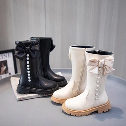 Girls High Boots with Bow-knot  Non-slip Fashion Children Pearls Elegant Princess Boots Side Zipper Kids Leather Long Boots