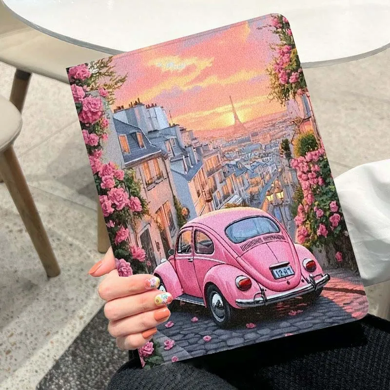 capa-para-tablet-rosa-com-estampa-de-carro-e-flores-moderna-para-ipad-pro-air-a16-2ª-3ª-4ª-5ª-6ª-7ª-geracao-102-97-11-105-109-129-13-polegadas