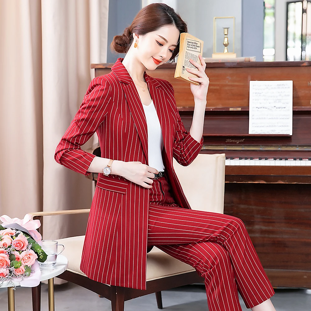 Frauen Striped Formale Hose Anzug Büro Damen Schwarz Rot Weibliche Dünne Lange Blazer Jacke Und Hosen 2 Stück Set Für arbeit Tragen