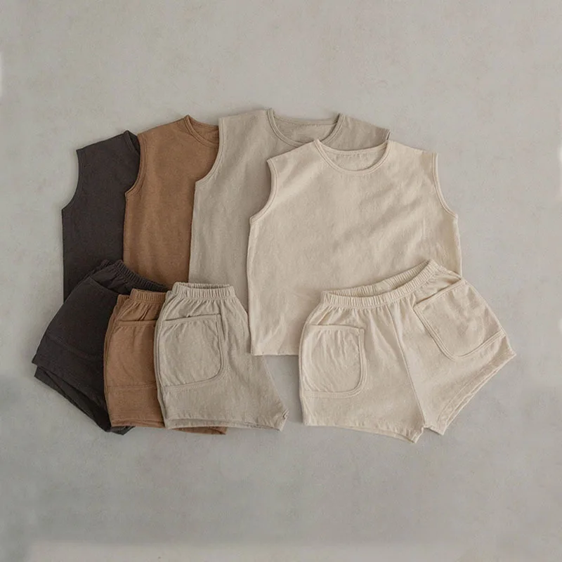 

Summer Baby Boys Tank Top Tees Shorts Set 100% Cotton Solid Vest Shorts Toddler Two Pieces Sets