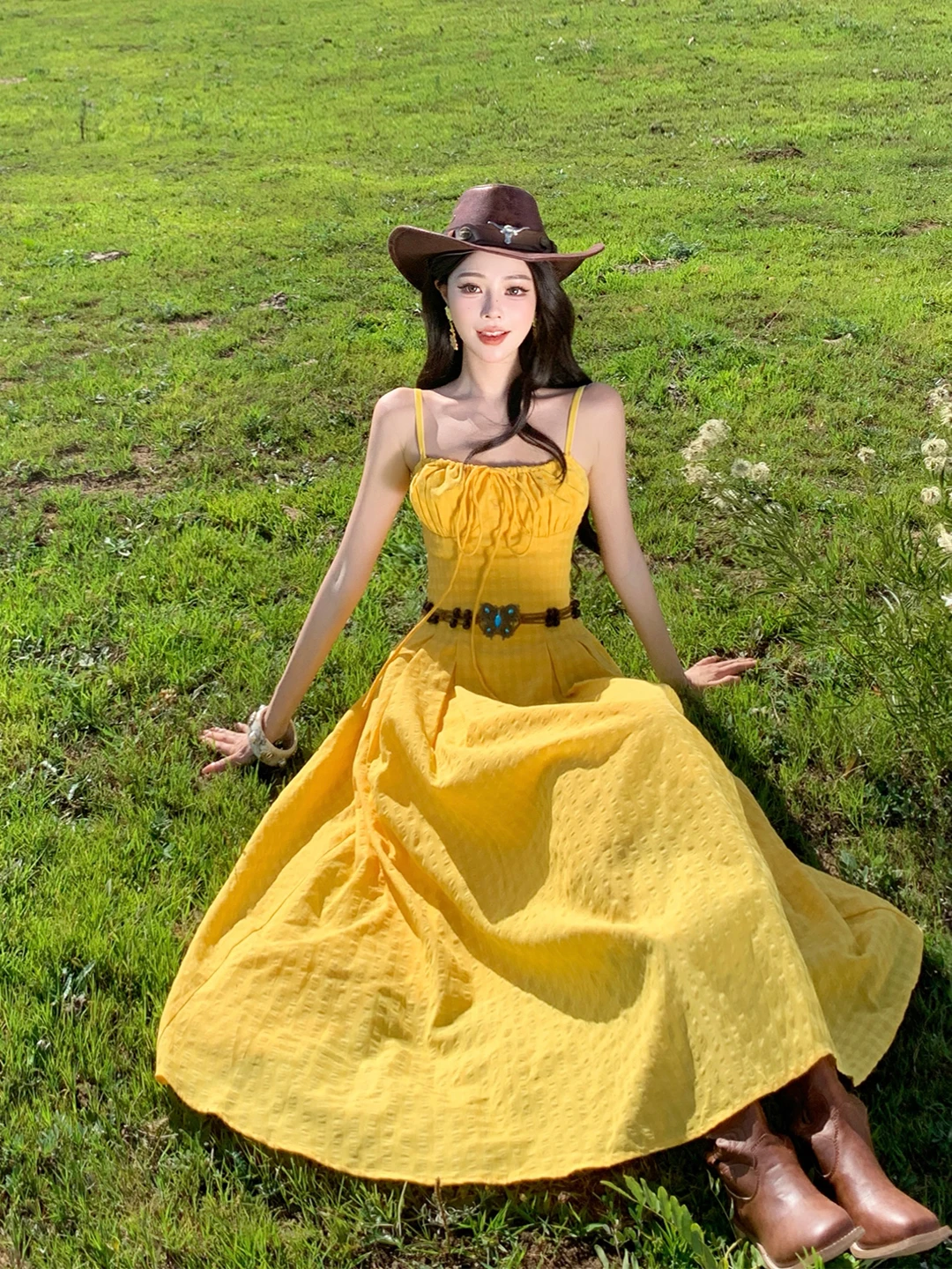 

Желтое летнее платье Dopne A-Line с цветочной вышивкой, завышенной талией и эффектом утяжки, для пляжного отдыха и путешествий