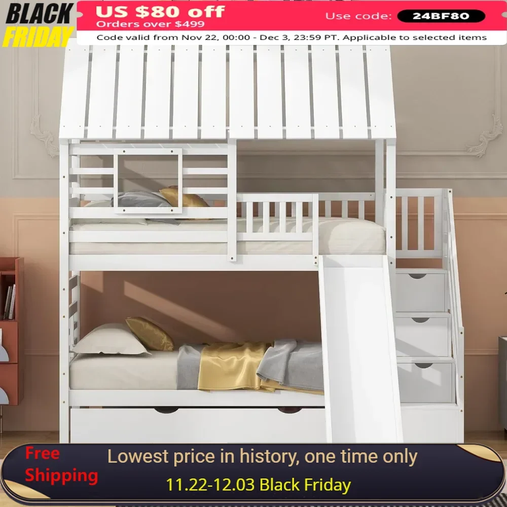 Bunk Beds, with Slide, Twin Bunks Beds with Storage Stairs and Trundle, with Roof and Window Design ,Wood Kids Bunk Bed