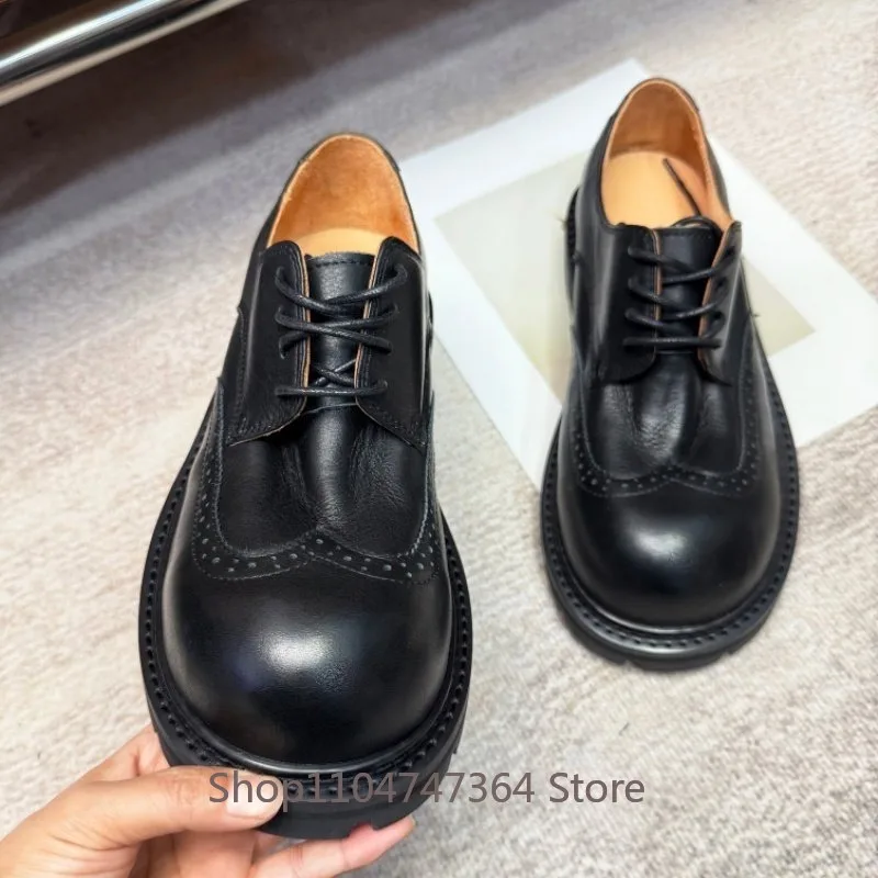 British Style Brogue Carved Round Toe Men's Shoes Casual Thick Sole Height Increasing Formal Business Genuine Leather Shoes Male