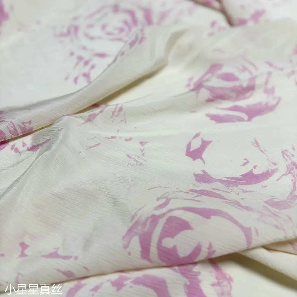 Beige Printed 19 Momme Silk Crepe De Chine Silk Crinkle Fabric Pleated Matte Silkworm Silk Satin Fabric Shirt Summer