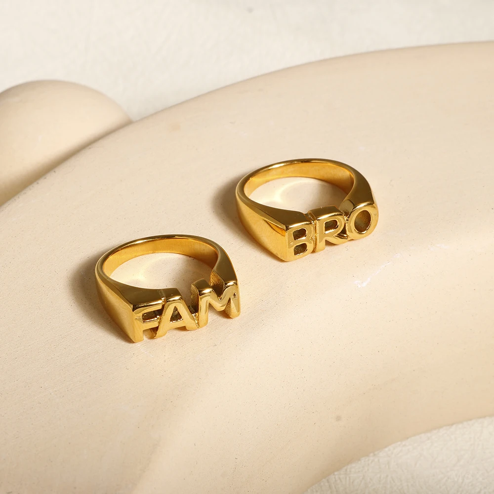 FAM BRO Letter Golden Stainless Steel Ring for Men Women Hip Hop Punk Daily Wear Layered Jewelry Rings Gift for Family Brother