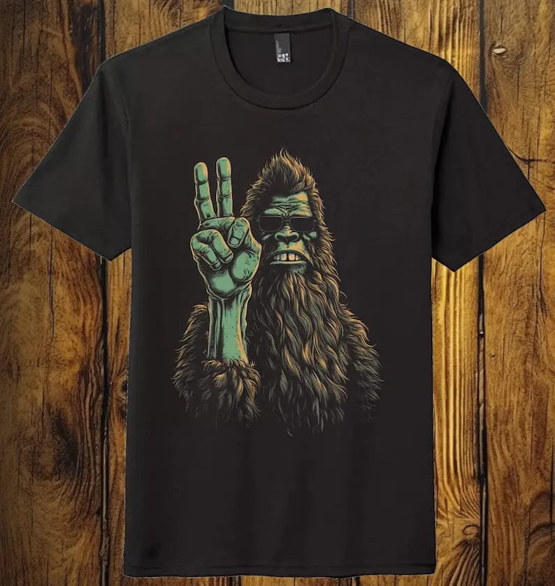 Bigfoot Peace Sign Tshirt, Sasquatch, Big foot, Yeti, Wood Ape, Bushmen, Treeman, wildman black unisex soft shirt