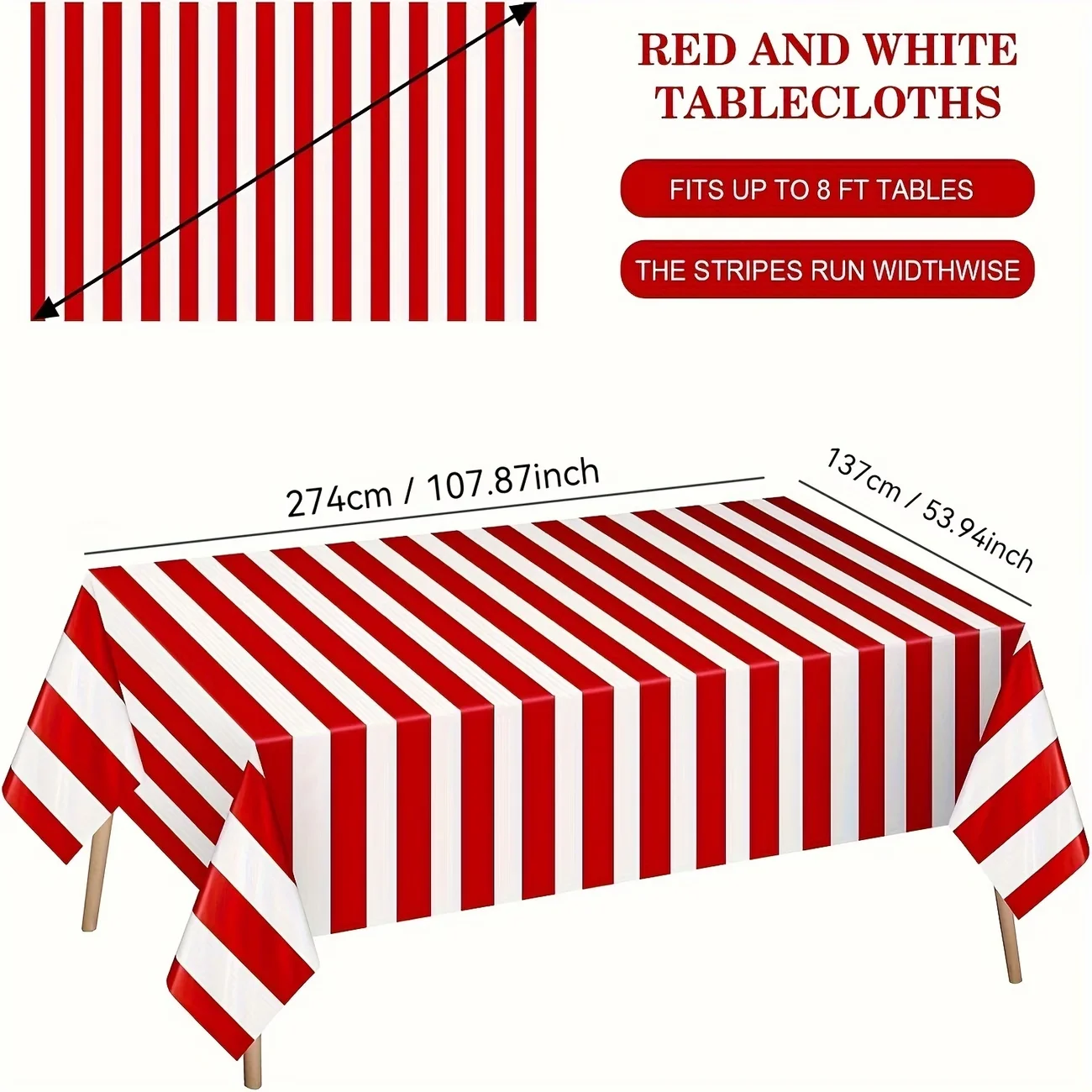 1/2pcs Red And White Striped Tablecloth,  Disposable Plastic Table Cover, Rectangular Table Cloths for Birthday,  Carnival