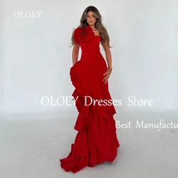 OLOEY Strapless Red Wedding Party Dress Ruffles Arabic Customized Straight Prom Dress Pleats Chiffon Sleeveless Evening Gown