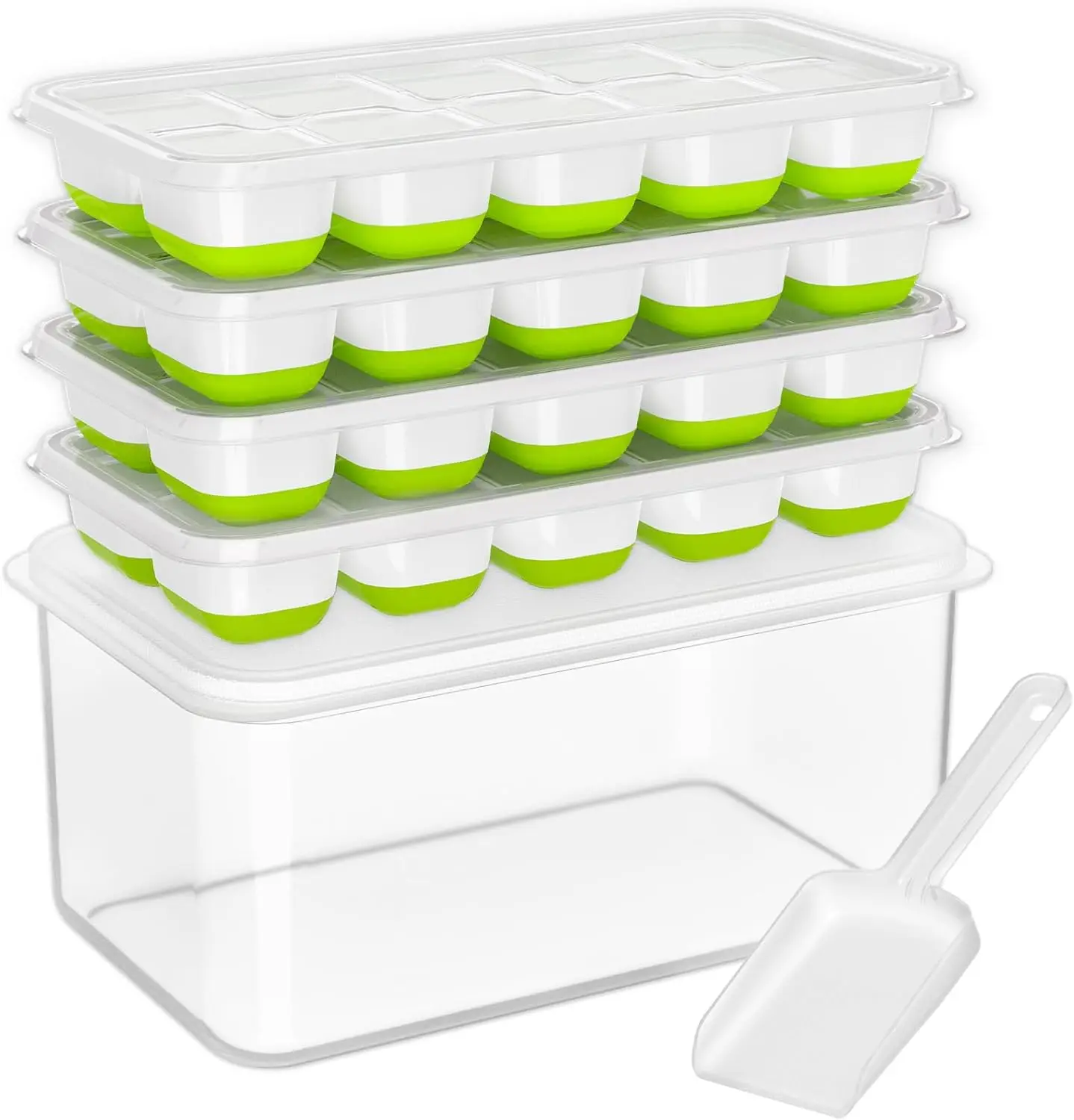 Ice Cube Tray with Lid and Bin - 4 Pack Silicone Ice Cube Trays for Freezer, Stackable Ice Bucket Kits with Storage Container &