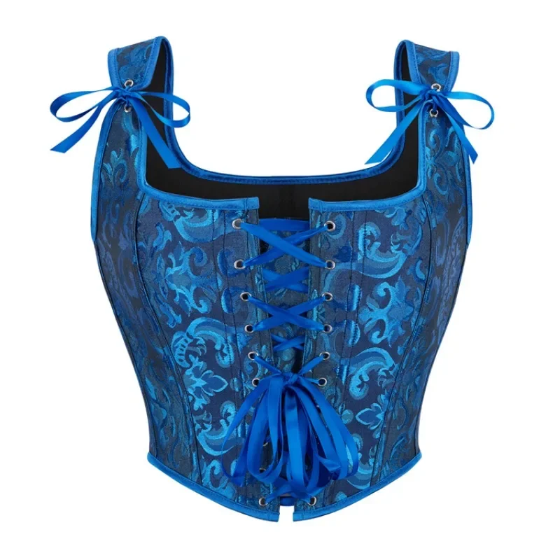 Women Vintage Jacquard Corset Crop Top Gothic Lace-Up Overbust Bustier Vest Tank Bodice Body Shaper Corselet Fashion