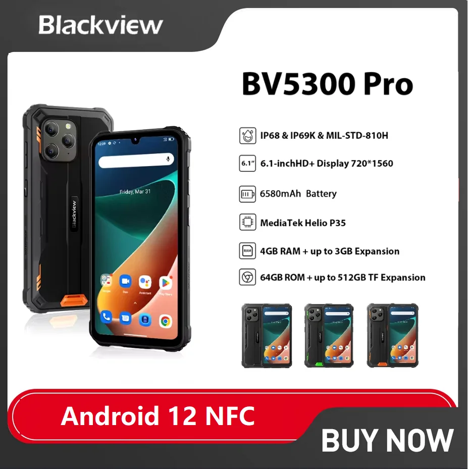 Blackview BV5300 Pro 4G Rugged Smartphones Android 12 Waterproof 4GB+64GB Phone 13MP Camare 6580mAh Battery Mobile Phone NFC