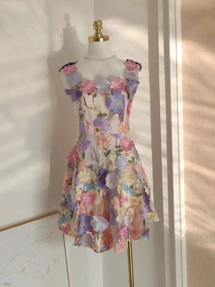 Luxury Embroidery Floral Evening Dresses Women Summer Elegant 3D Flower Straps Sundress White Party Wedding Dress Bridesmaid