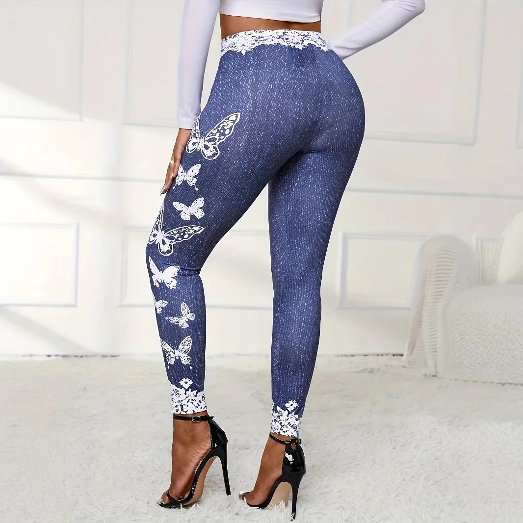 Fashionable new butterfly lace printed tight fitting imitation denim leggings