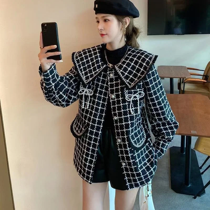 Women's Woolen Cloth Coat Autumn Winter 2024 Fashion Navy Collar Plaid Short Jacket Top Korean Streetwear Loose Outerwear Female