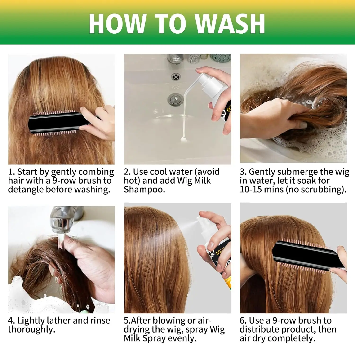 GOIPLE 3 in 1 Wig Care Kit with Shampoo Conditioner Spray and 9-Row Detangler Brush for Human Synthetic Hair Women - view 7