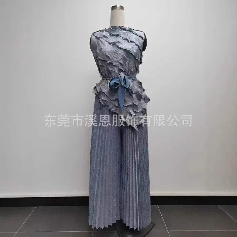 مطوي سترة دون أكمام مياكي جديد كبير الحجم بنطال ذو قصة أرجل واسعة 2 قطعة مجموعة مزاجه بلون ملابس ركاب أنيقة